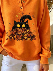 Casual Cat Crew Neck Long Sleeve Sweatshirt