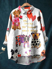 Women's Dog Art Print Casual Cotton And Linen Shirt