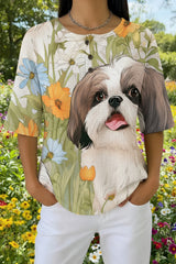 Womens Light Blue Shih Tzu Print Casual Waffle Cotton Shirt