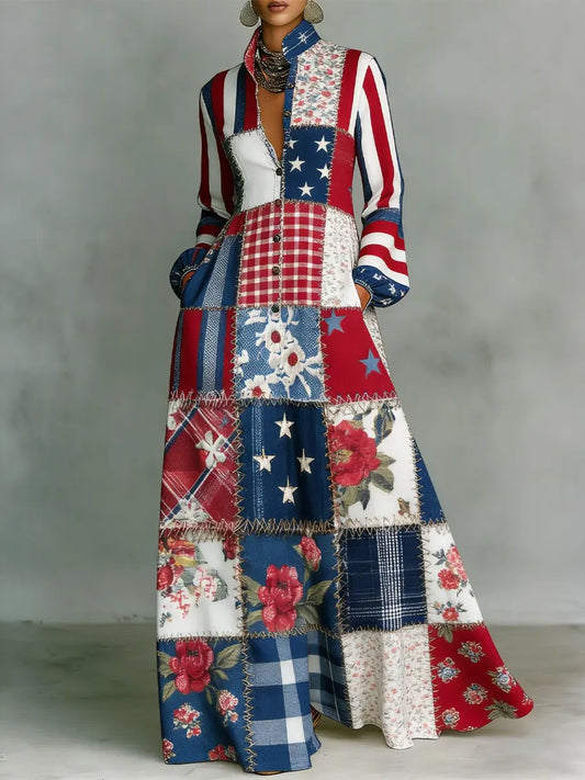 Women's Vintage Floral Patchwork Art Elegant Romantic Casual Vacation Maxi Dress