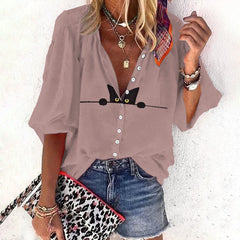 Dashingsoul Casual Black Cat Print Women's Casual 3/4 Sleeve Blouse
