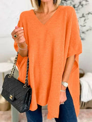 Women's Bat Sleeve Solid Color V-Neck Pullover Poncho Sweater
