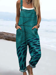Women's Ocean and Fish Art Print Casual Cotton Wide Leg Jumpsuit