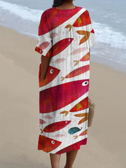 Decorative Pattern of Red Fish Swimming Diagonally Upwards Flowy Dress