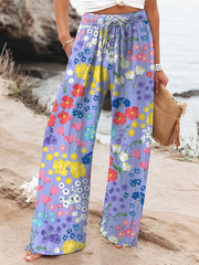 Women's Vintage Flowers Art Printed Cotton And Linen Casual Pants