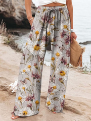 Women's Vintage Flowers Art Printed Cotton And Linen Casual Pants