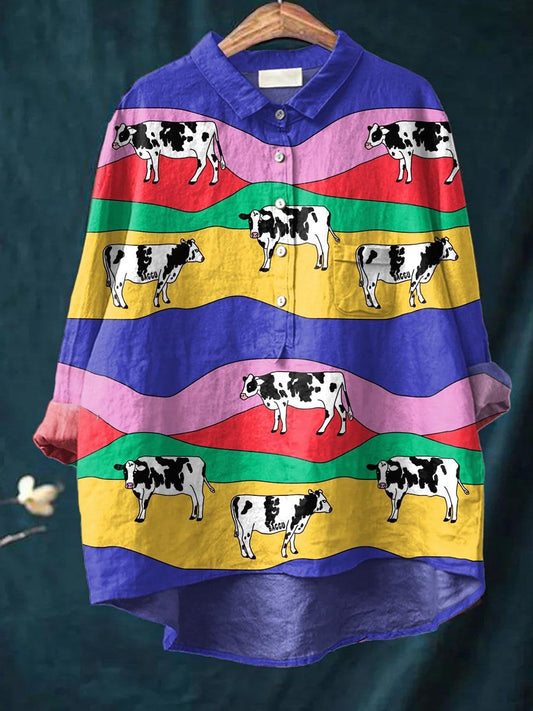 Rainbow Cow Art Pattern Print Casual Cotton And Linen Shirt