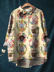 Vintage Lovely Floral Dogs Art Print Casual Cotton And Linen Shirt