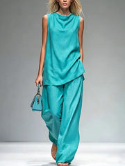 Women's Solid-color Cowl-neck Sleeveless Loose-fit Top & High-waisted Wide-leg Pants Set
