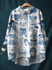 Women's Dog Print Casual Cotton And Linen Shirt
