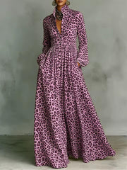 Women's Leopard Print Shirt-collar Long-sleeve Casual Loose A-line Dress