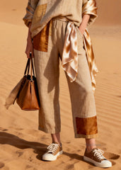 Asymmetrical Silk Patchwork T Shirt And Crop Pants Linen Two Piece Set V Neck Spring