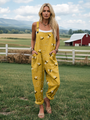 Women's Flying Bees Embroidery Pattern Casual Wide Leg Jumpsuit