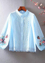 Italian Blue Embroidered Patchwork Lace Top Spring