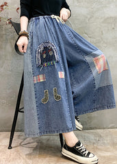 Light Blue Patchwork Applique Denim Pants Embroidered Summer