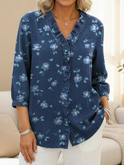 Women's Little Flowers Print Casual Ruffled Denim Shirt RSDS2903