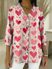 Women's Love Hearts Pattern Art Print Casual Ruffled Denim Shirt RSDS2945
