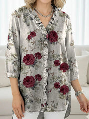 Women's Floral Art Print Casual Ruffled Denim Shirt RSDS2957