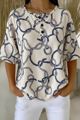 Womens Blue Rope Chain Print Button Detail Waffle Knit Short Sleeve Top RSHW1711