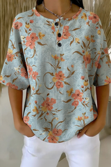 Womens Sky Blue Floral Print Button Detail Waffle Knit Short Sleeve Top RSHW1716