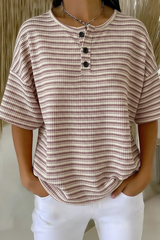 Womens Mauve Stripe Button Detail Waffle Knit Short Sleeve Top RSHW1721