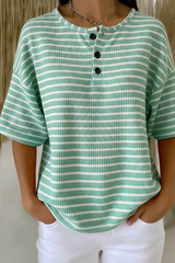 Womens Mint Stripe Button Detail Waffle Knit Short Sleeve Top RSHW1722