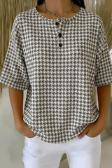 Womens Gray Houndstooth Button Detail Waffle Knit Short Sleeve Top RSHW1724