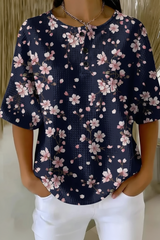 Women's Navy Cherry Blossom Floral Art Pattern Print Casual Waffle Cotton Shirt RSHW3302