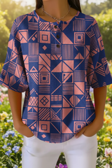 Women's Geometric Art Pattern Print Casual Waffle Cotton Shirt RSHW3307