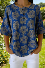Women's Vintage Sunburst Floral Art Pattern Print Casual Waffle Cotton Shirt RSHW3309