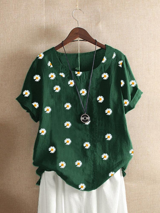 Women's Round Neck Floral Print Short Sleeves T-shirt