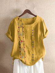 Floral Embroidery Round Neck Short Sleeves T-shirt