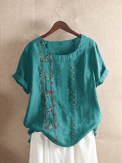 Floral Embroidery Round Neck Short Sleeves T-shirt