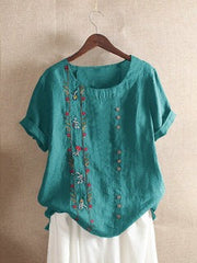 Floral Embroidery Round Neck Short Sleeves T-shirt