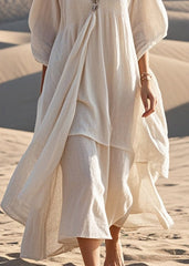 White Cotton Maxi Dresses Asymmetrical Bracelet Sleeve