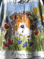 Vintage Lovely Dog Floral Art Print Casual Cotton And Linen Shirt