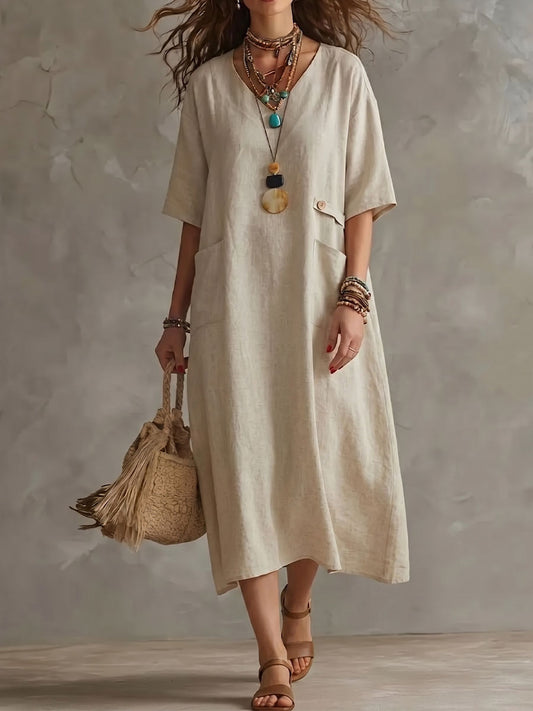 Women's V-neck Half-sleeve Cotton-linen Dress