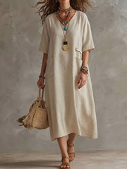 Women's V-neck Half-sleeve Cotton-linen Dress