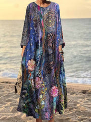 Women's Vintage Oil Painting Floral Art Pattern Print Pocket Cotton Dress