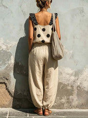 Women's Polka Dot Print V-neck Sleeveless Loose-fit Cotton-linen Top & Elastic-waist Wide-leg Pants Set