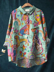 Vintage Lovely Rainbow Dogs Art Print Casual Cotton And Linen Shirt