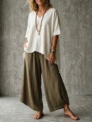 Women's Simple Loose Color-block Simple Cotton-linen Set