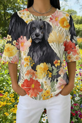 Womens Black Floral Dog Print Casual Waffle Cotton Shirt