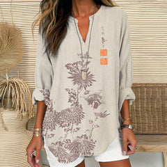 Vintage Chrysanthemum Printed V Neck Long Sleeve Blouse