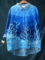 Undersea Coral Art Pattern Print Casual Cotton And Linen Shirt