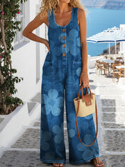 Women's Flower Print Casual Denim Jumpsuit
