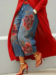 Women's Retro Floral Pattern Art Print Casual Jeans