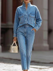 Women's Casual Denim Set: Loose-fit Long-sleeve V-neck Shirt & High-waisted Straight-leg Pants
