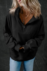 Women's Casual Black Zip up Stand Neck Sweatshirt