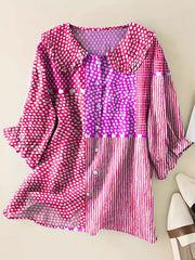 Women's Bright Abstract Polka Dot Art Print Casual Cotton And Linen Ruffle Shirt
